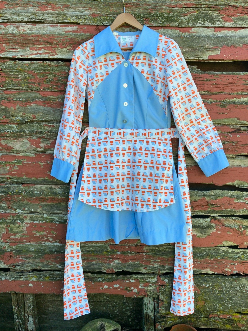 Light Blue and Orange Print Mini Dress with Apron Overlay